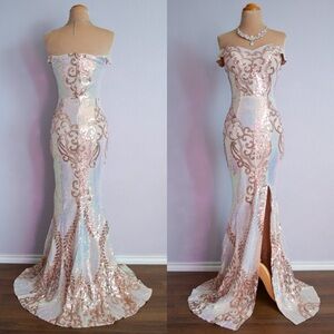 CHAMPAGNE Long Formal Prom Pageant Sequin Evening Wedding Gown Dress M 6/8